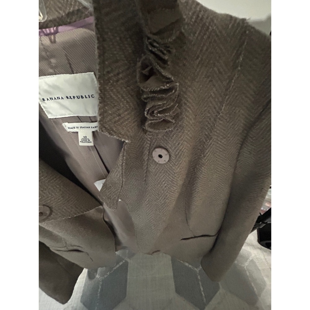 Banana Rep. Wool Herringbone Ruffle Collar Blazer Jacket Brown 783555-01-1 10 - Picture 6 of 8